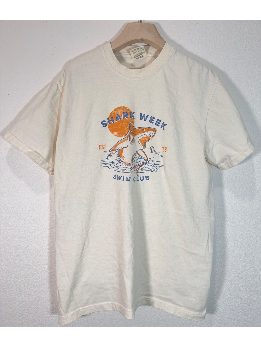 Comfort Colors Shark Week Swim Club T-Shirt Medium Cream Graphic Tee Heavyweight